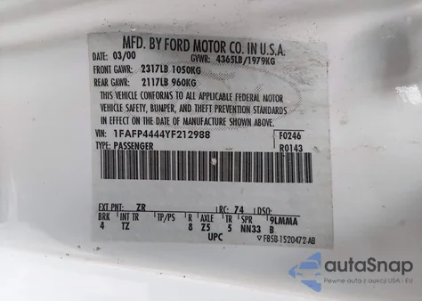 2000 Ford Mustang z USA, uszkodzony, nr VIN 1FAFP4444YF212988